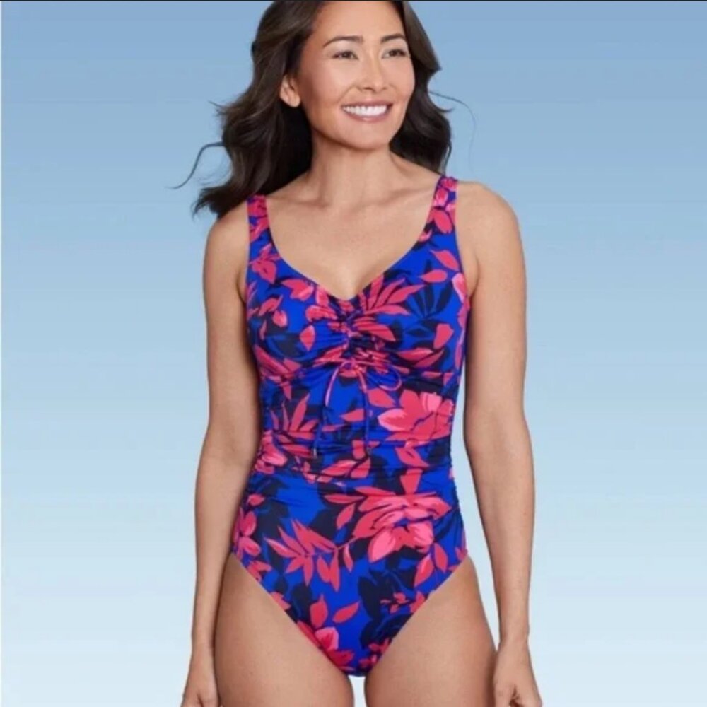 Women's UPF 50 Cinch-Front One Piece Swimsuit - Aqua Green® Multi Floral Print M